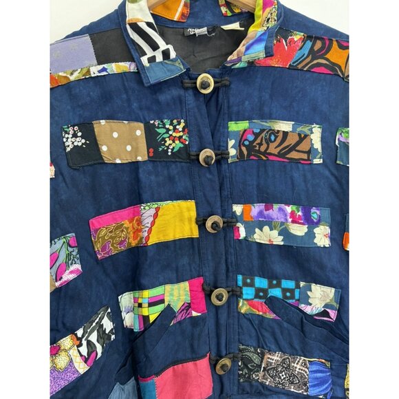 Vintage 90's NATIVEWEAR DESIGNS Patchwork Navy Blue Rayon Jacket Size Medium - Picture 13 of 13